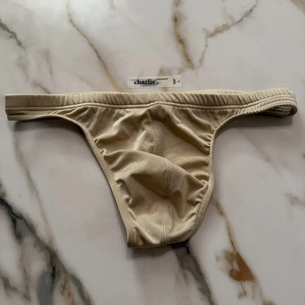 Charlie By MZ Mens Classic Body Swim Thong Color White Gold Size Large